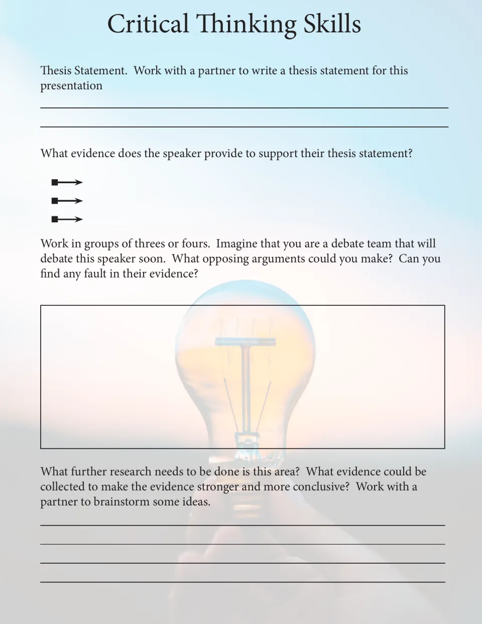 Critical thinking: students write the talk's thesis, list its evidence, argue the opposing side and suggest further research