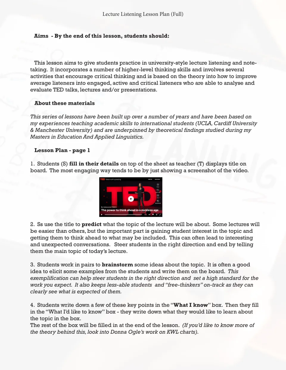 Lesson plan: aims for university-style lecture listening, then steps 1-4 on predicting, brainstorming and the KWL chart