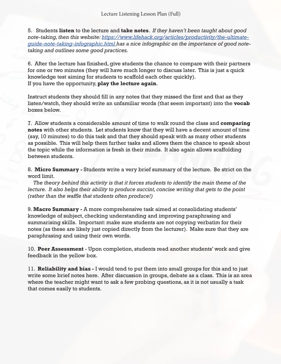 Lesson plan steps 5-11: note-taking, a second listen, comparing notes, micro and macro summaries and peer assessment