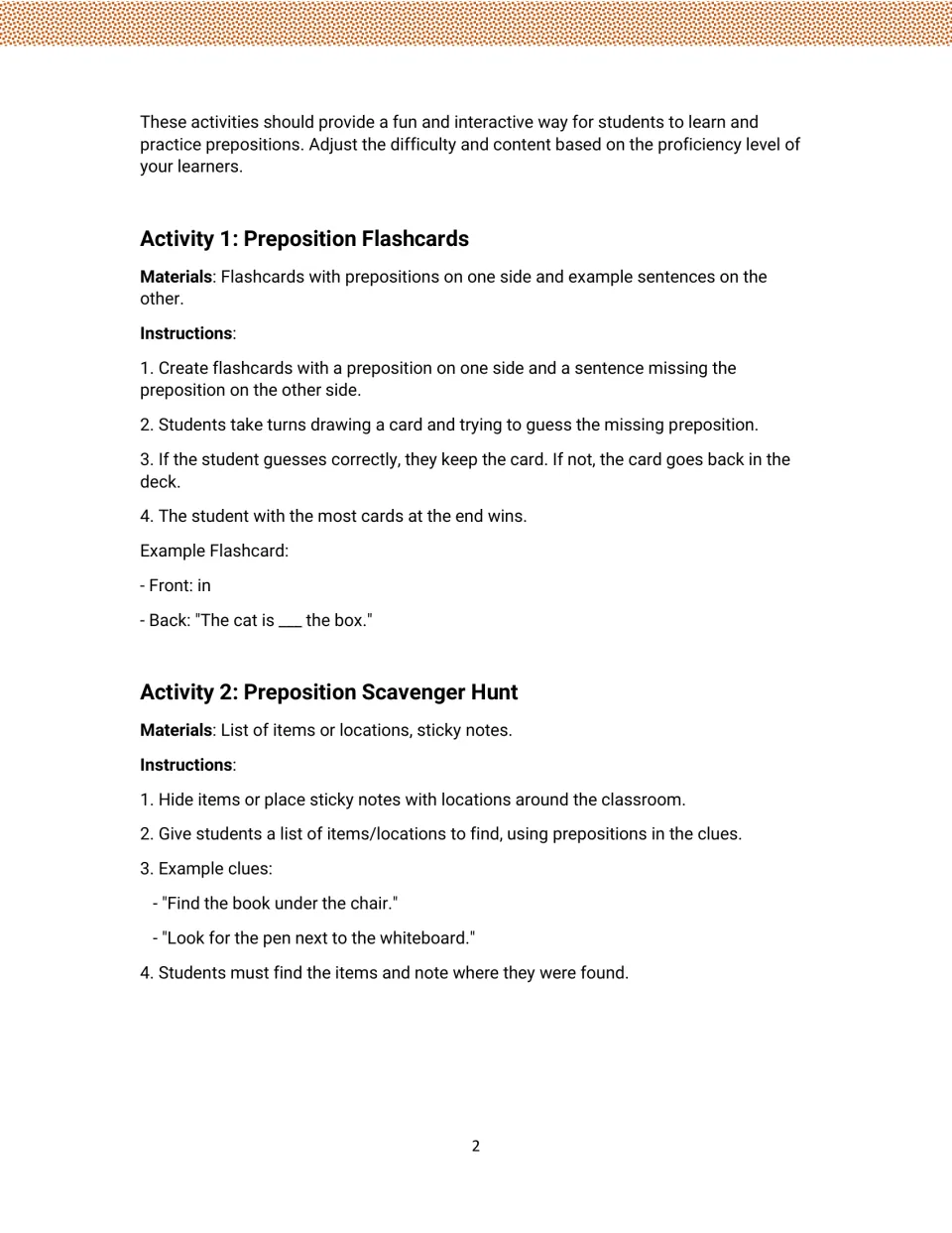 Preposition activities 1–2: directions for creating flashcards and a classroom scavenger hunt, with examples