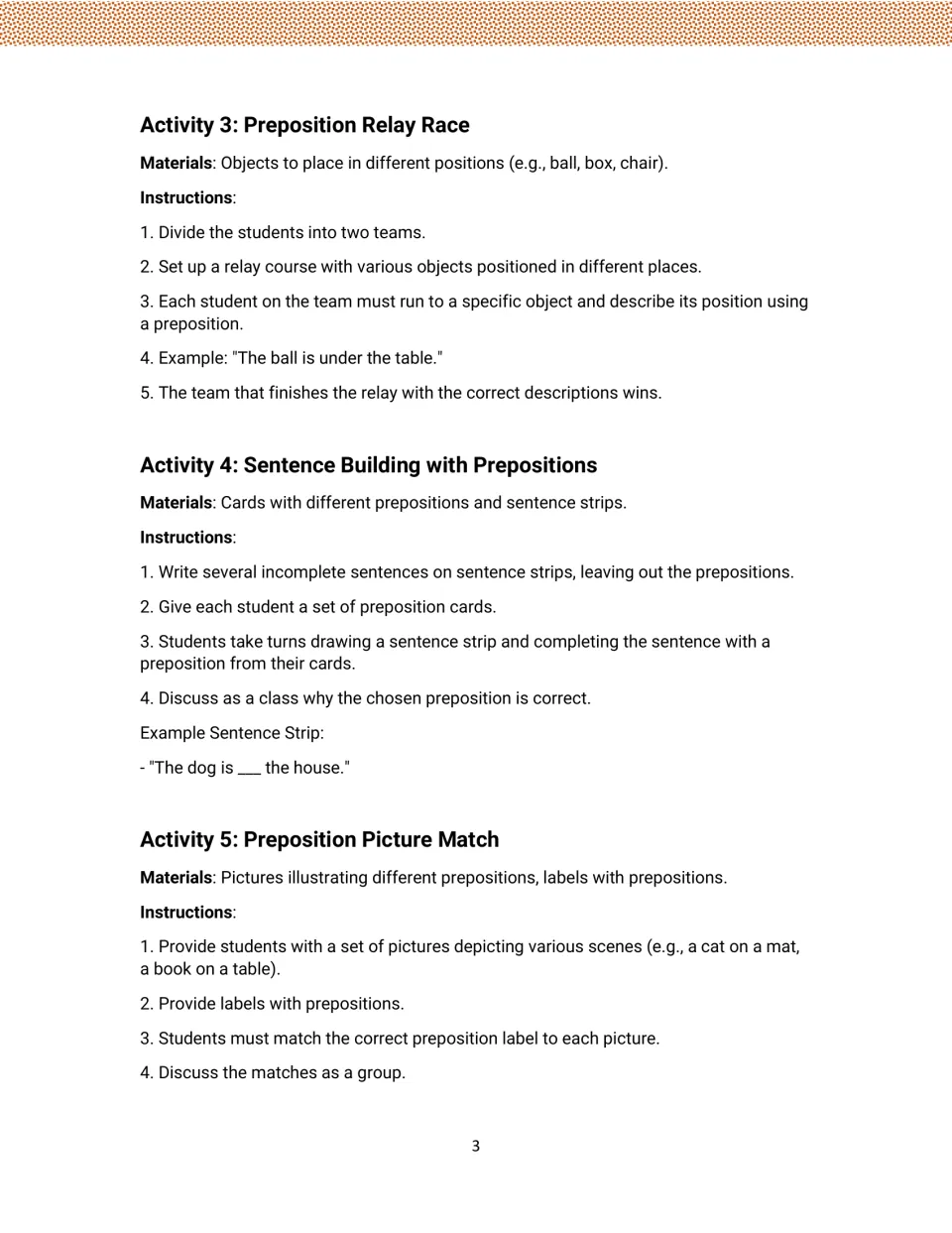 Preposition activities 3–5: materials and directions for a relay race, sentence building, and picture matching