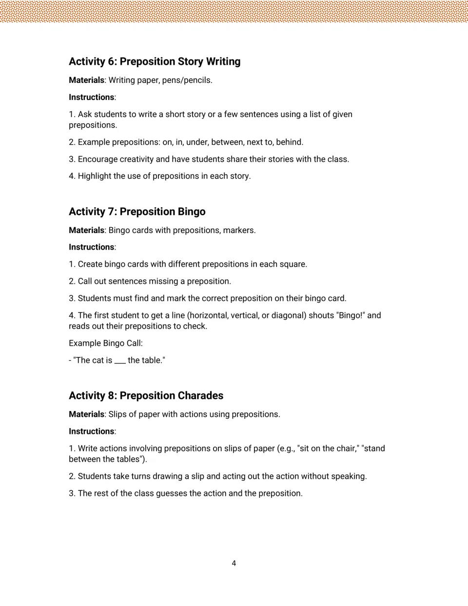 Preposition activities 6–8: story writing, bingo, and charades, with materials, directions, and example prompts