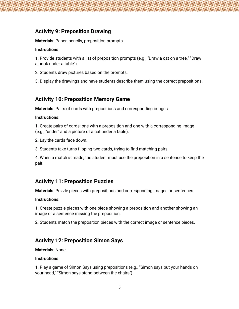 Preposition activities 9–12: drawing prompts, a memory game, matching puzzles, and the start of Simon Says