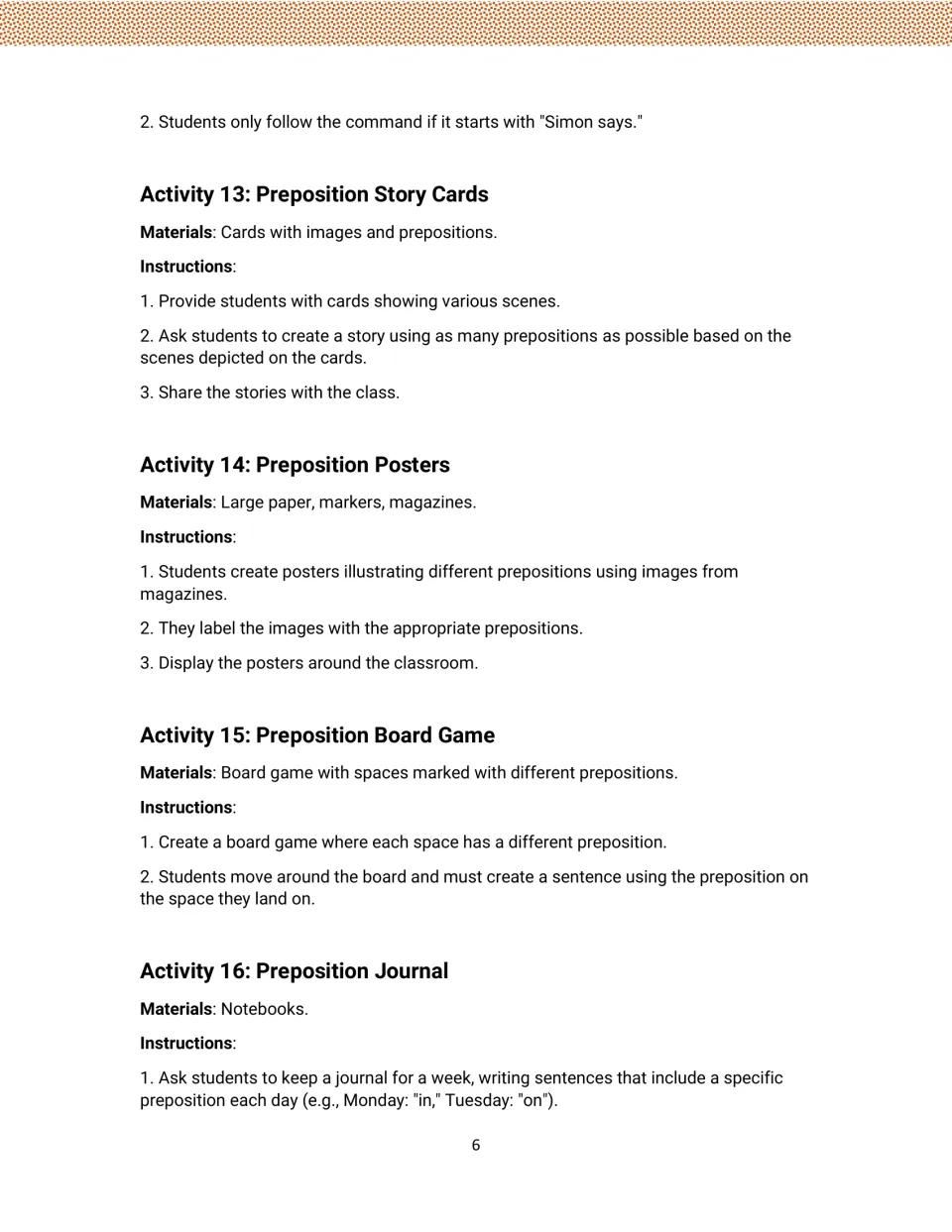 Preposition guide continues Simon Says and introduces activities 13–16: story cards, posters, board game, journal