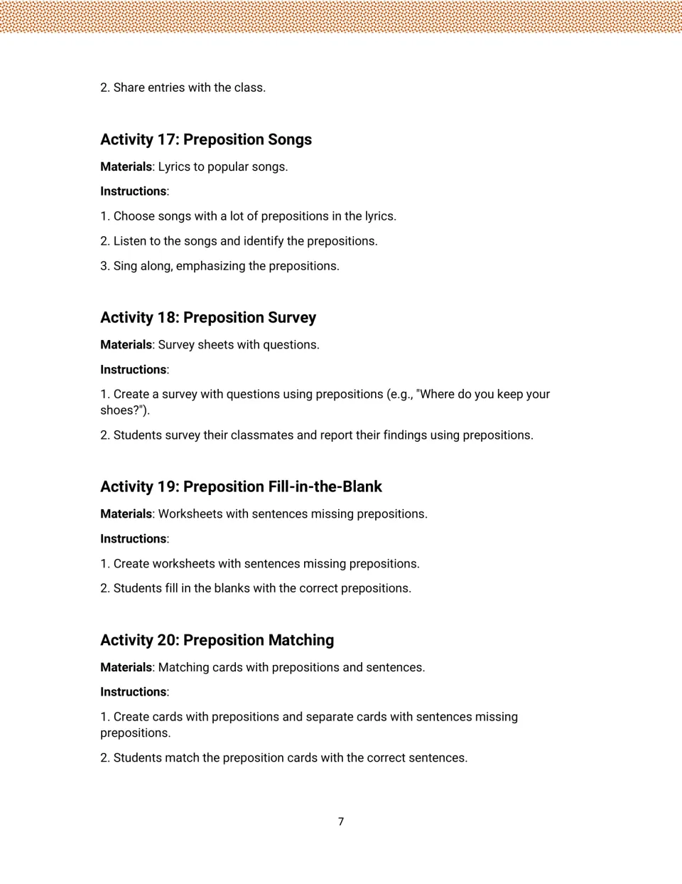 Preposition guide continues the journal and gives activities 17–20: songs, survey, fill-in-the-blank, matching