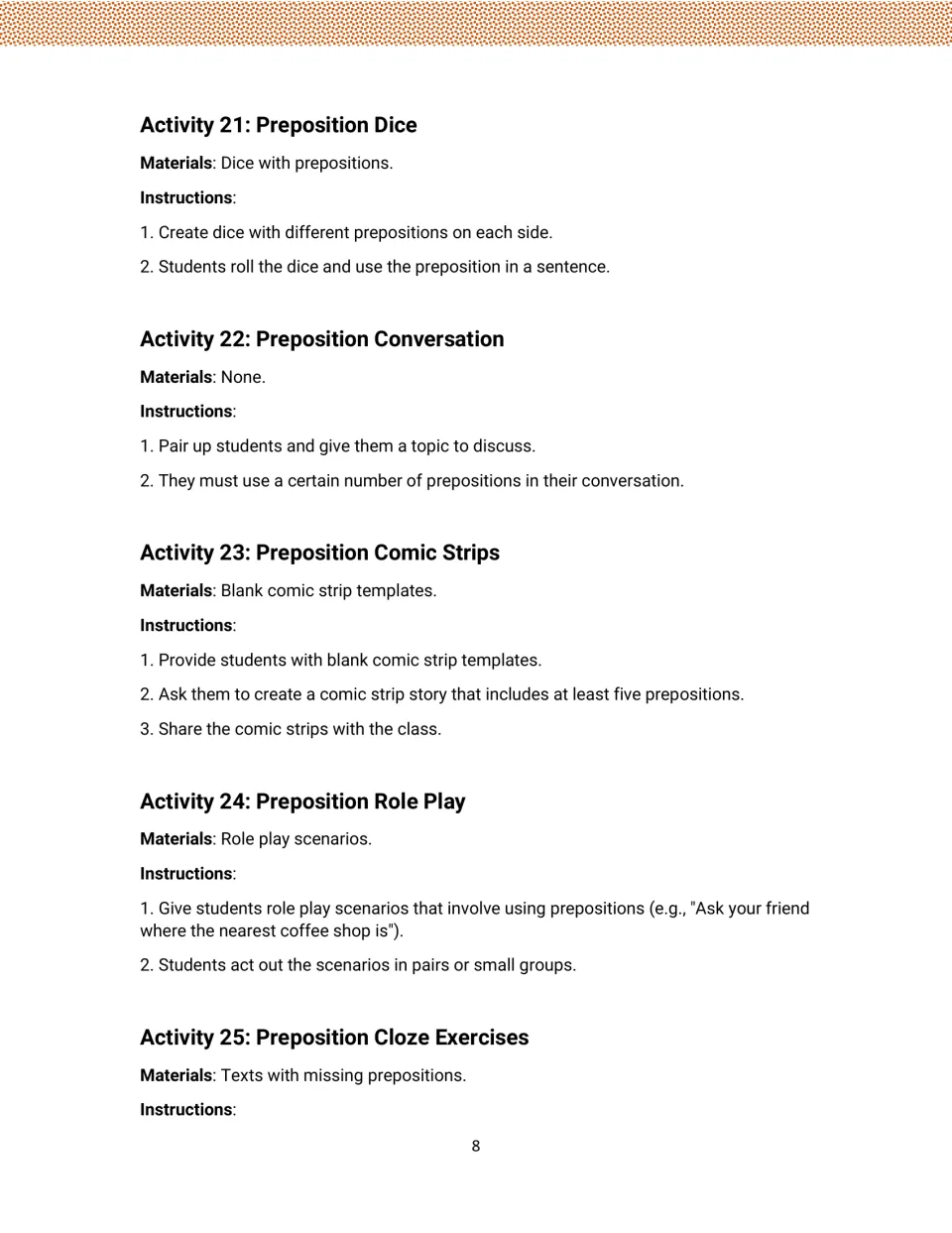 Preposition activities 21–25: dice, conversation, comic strips, role play, and materials for cloze exercises