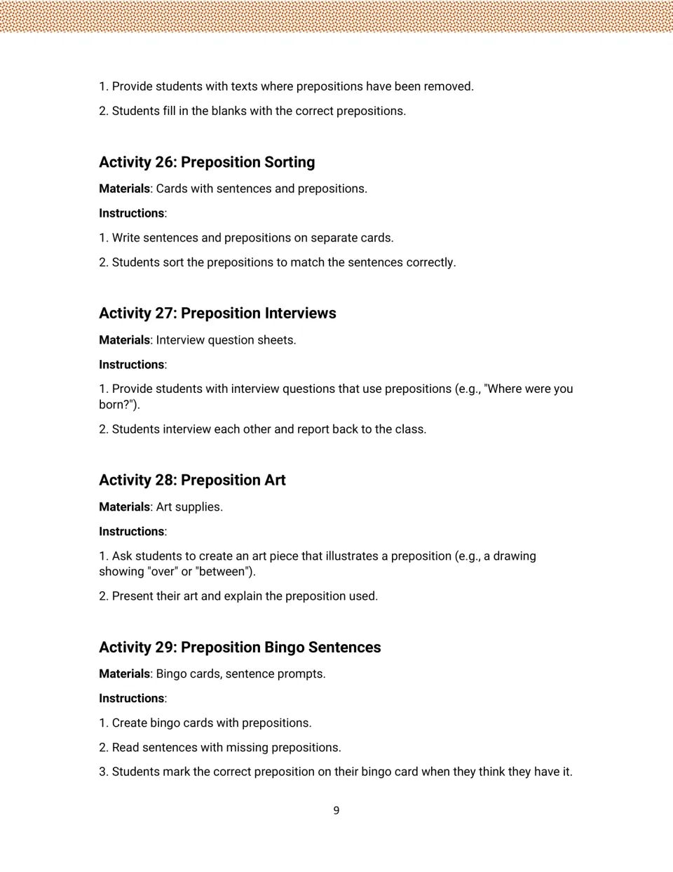 Preposition guide continues cloze exercises and gives activities 26–29: sorting, interviews, art, bingo sentences