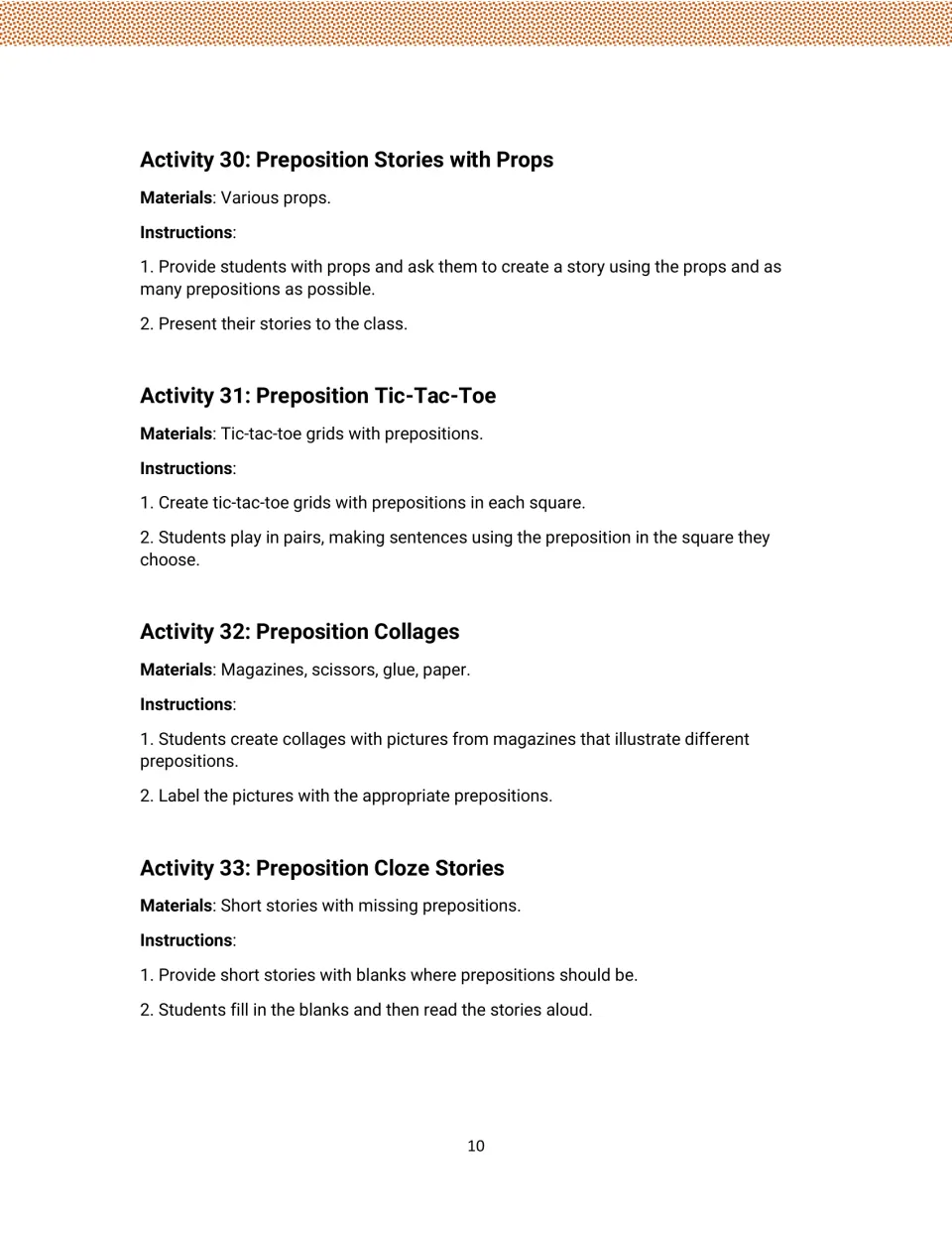 Preposition activities 30–33: materials and directions for stories with props, tic-tac-toe, collages, cloze stories