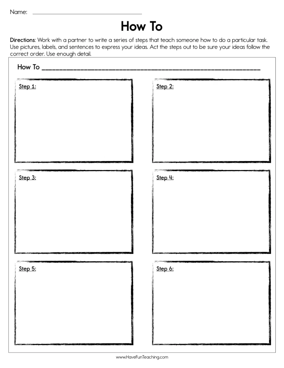 How-to writing: partners write six ordered steps for a task using pictures, labels and sentences, then act them out to check