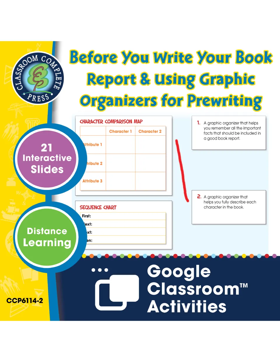 Book report prewriting cover: 21 interactive Google Classroom slides showing a character comparison map and sequence chart