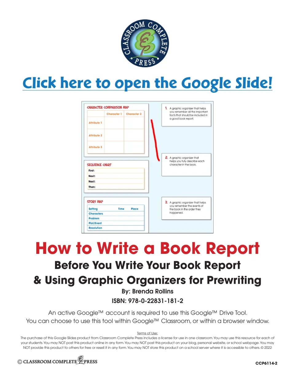 Title page by Brenda Rollins with a link to open the slides, sample organizers to match to definitions, and terms of use
