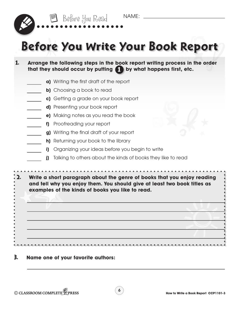 Before You Read: order 10 book report steps, write about a favorite genre with two titles, and name an author