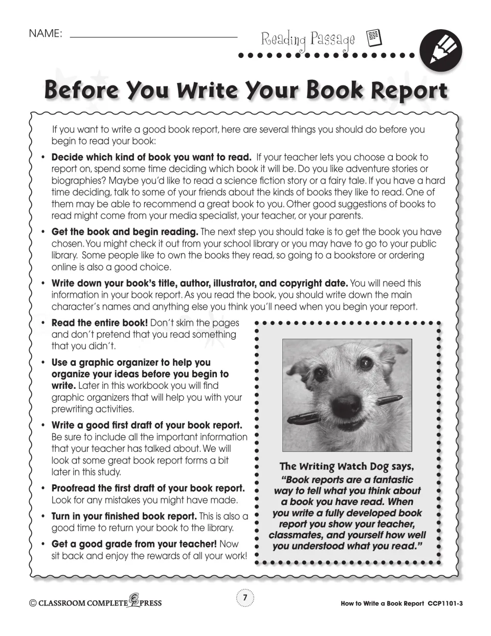 Reading passage on steps before writing a report: choose a book, read it all, use a graphic organizer, proofread