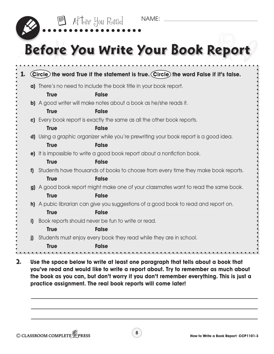 After You Read: 10 true-or-false statements about book reports, then a practice paragraph about a book you've read