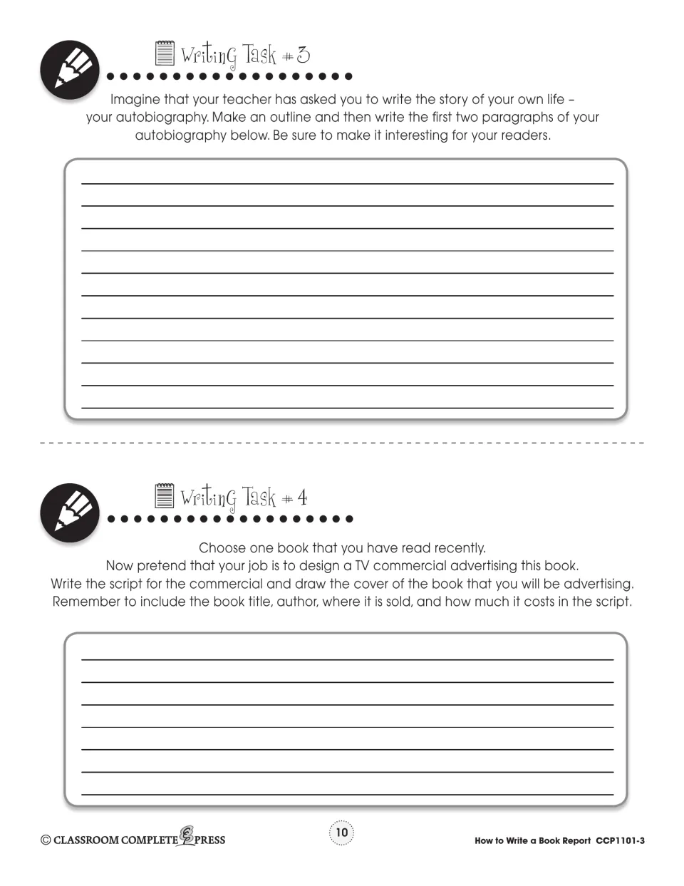 Writing tasks 3 and 4: outline and start your autobiography; write a TV commercial script and draw a book cover