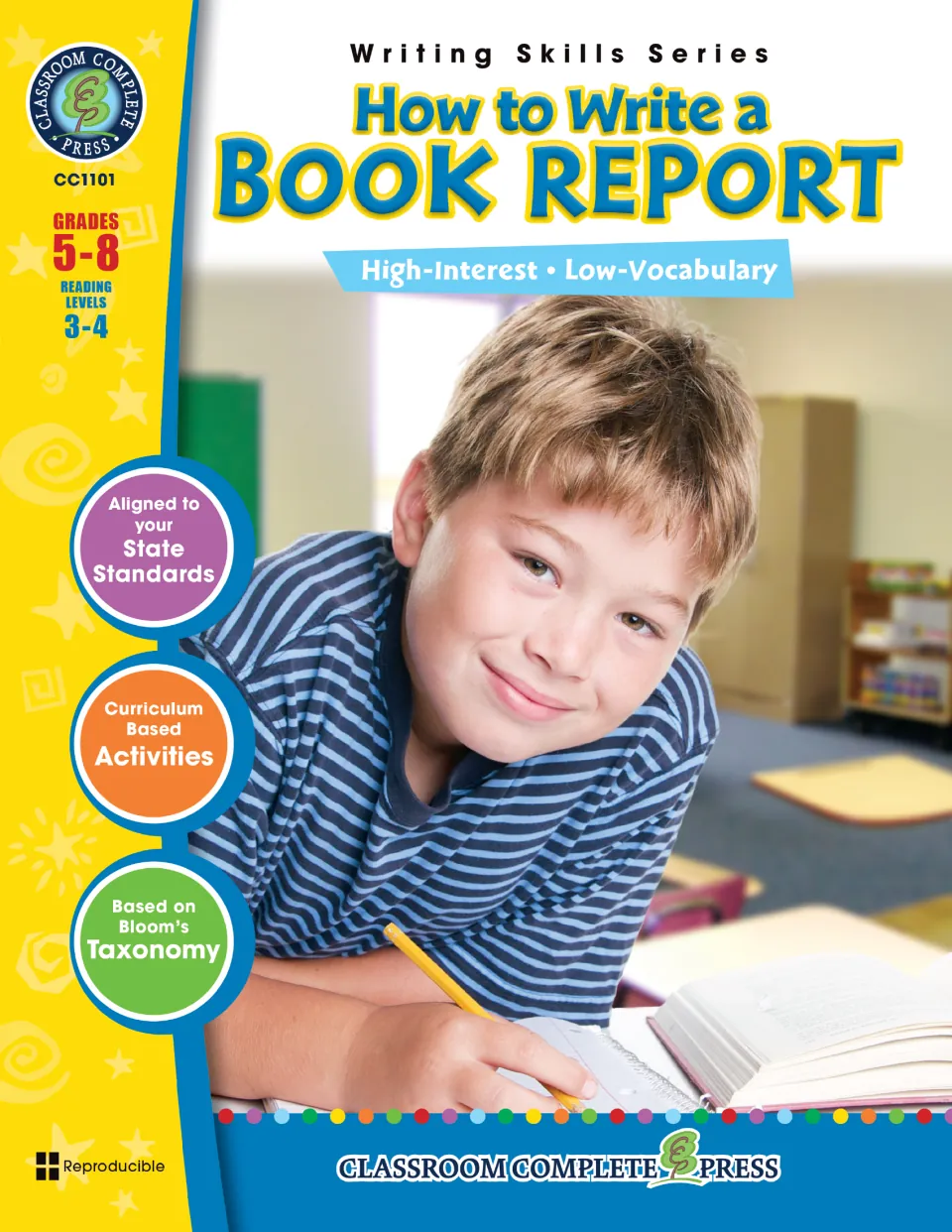 Cover of How to Write a Book Report, Writing Skills Series, grades 5-8, showing a boy writing beside an open book