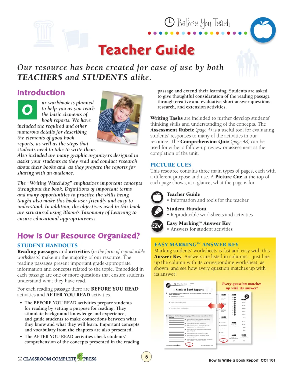 Teacher guide explaining reading passages, before and after activities, picture cues and the Easy Marking key