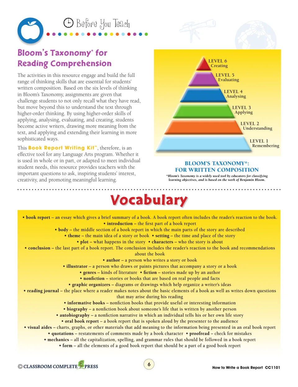 Bloom's Taxonomy pyramid for written composition and a vocabulary list defining theme, setting, plot and genres