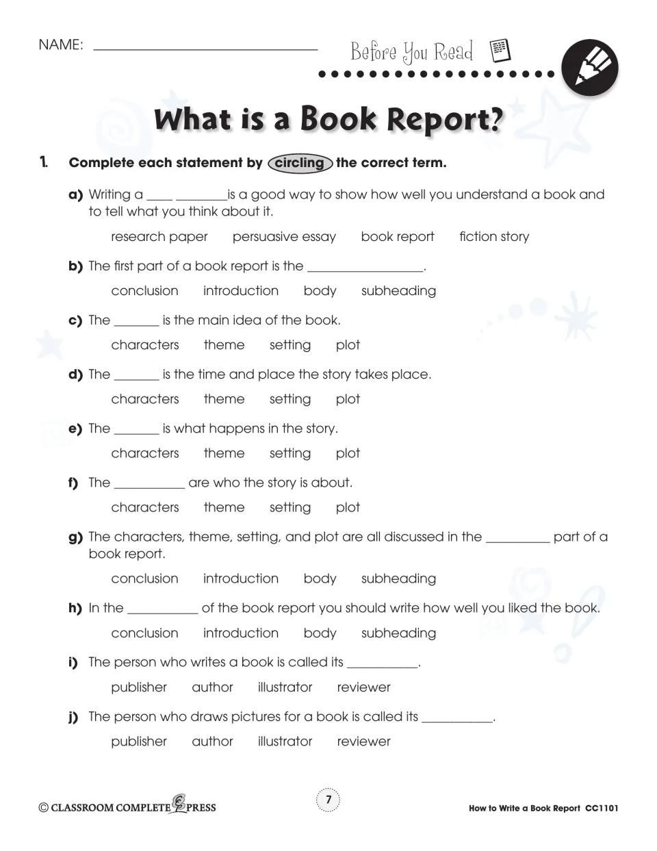 What is a Book Report? pre-reading: students circle the term that completes 10 statements about report parts