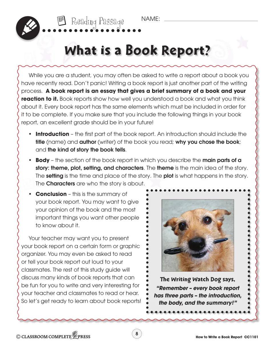 Reading passage defining a book report and its introduction, body and conclusion, with a Writing Watch Dog tip
