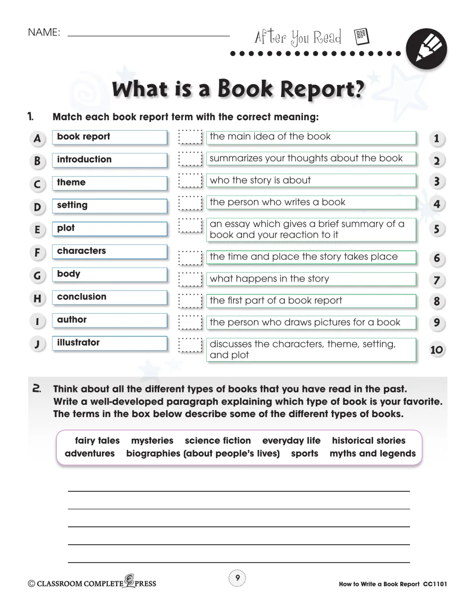 Vocabulary match: students pair 10 book report terms with meanings, then write a paragraph on a favorite genre