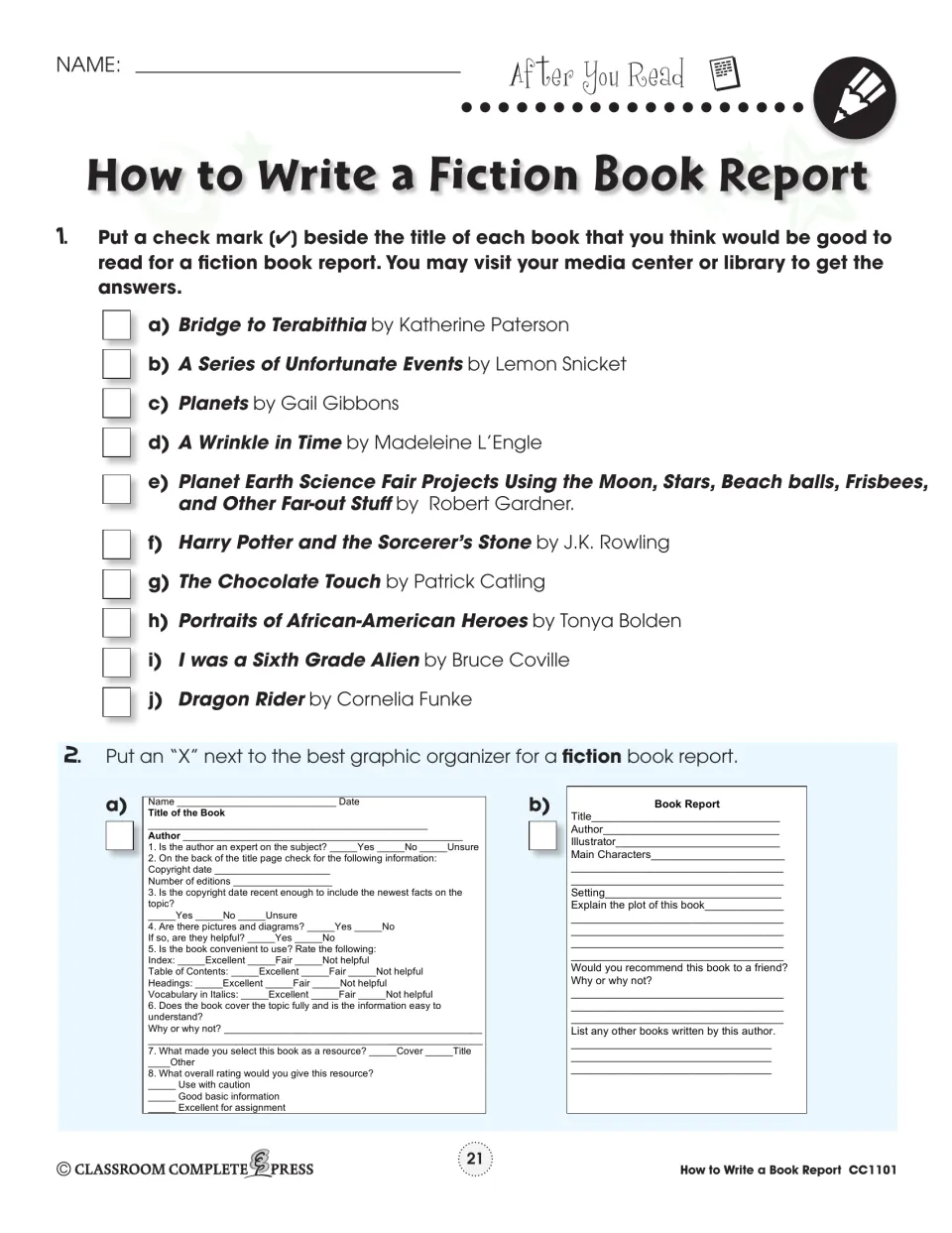 Fiction report practice: students check which of 10 titles suit a fiction report, then mark the right organizer