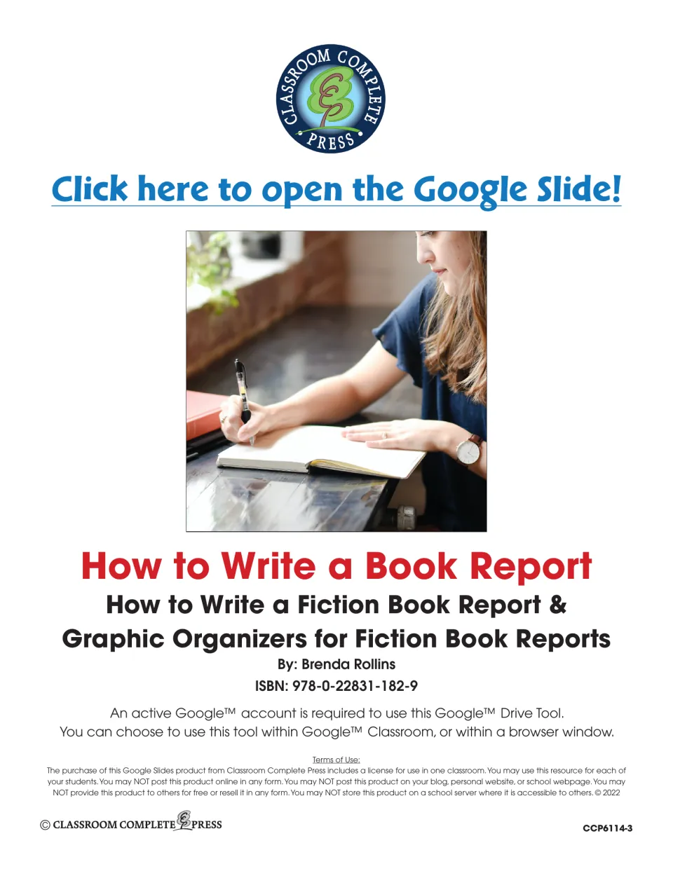 Book report title page by Brenda Rollins with a link to open the Google Slide deck and one-classroom terms of use