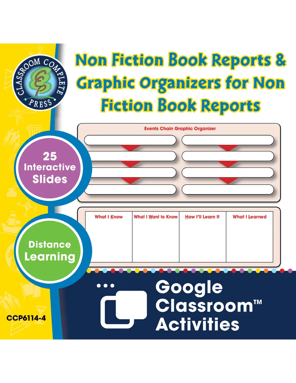 Cover for non fiction book report Google Classroom activities: 25 interactive slides with events chain and KWL organizers