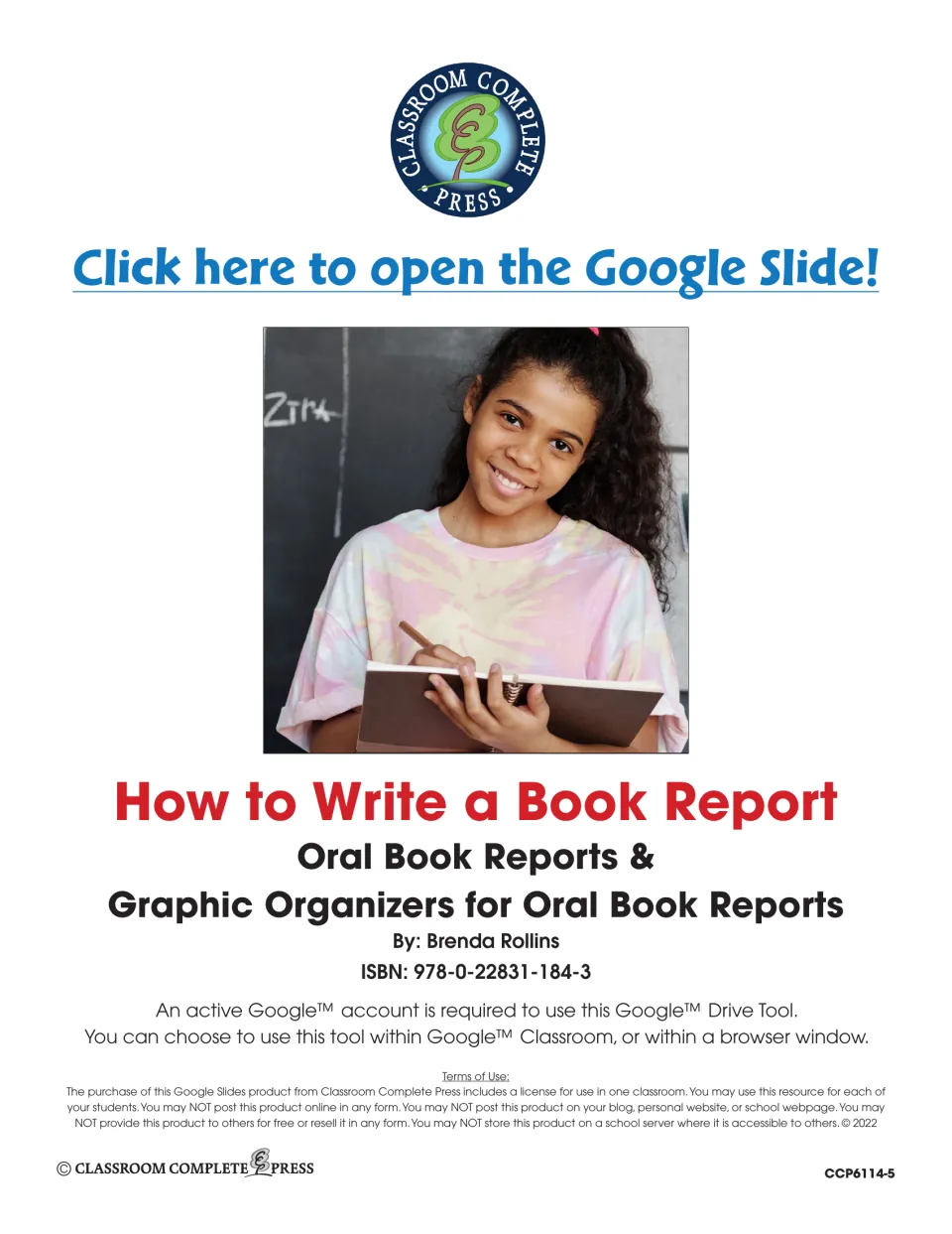 Title page by Brenda Rollins with an open-the-Google-Slide link, ISBN, Google account note and one-classroom terms of use