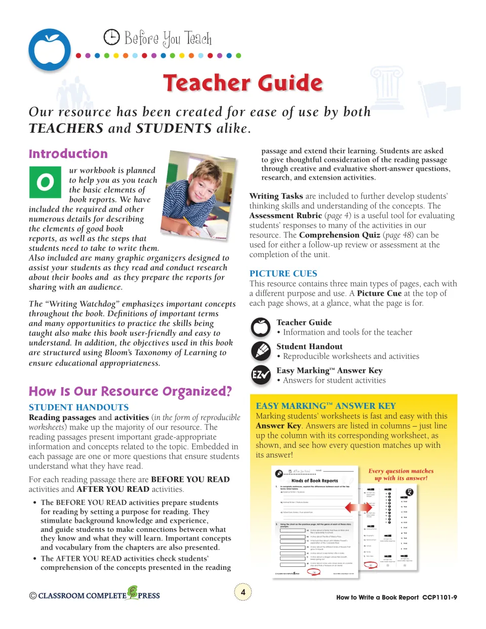 Teacher guide introducing the workbook, its handouts, writing tasks, rubric, picture cues and Easy Marking answer key