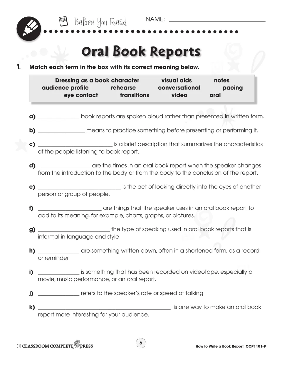 Oral book report vocabulary: students match 11 terms such as rehearse, pacing and eye contact to their meanings