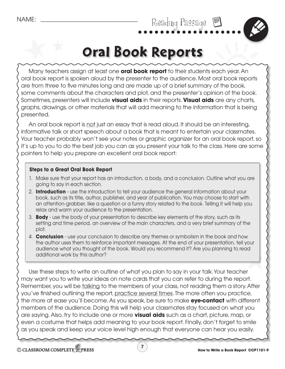 Oral book reports reading passage explaining the steps for introduction, body and conclusion plus tips for presenting