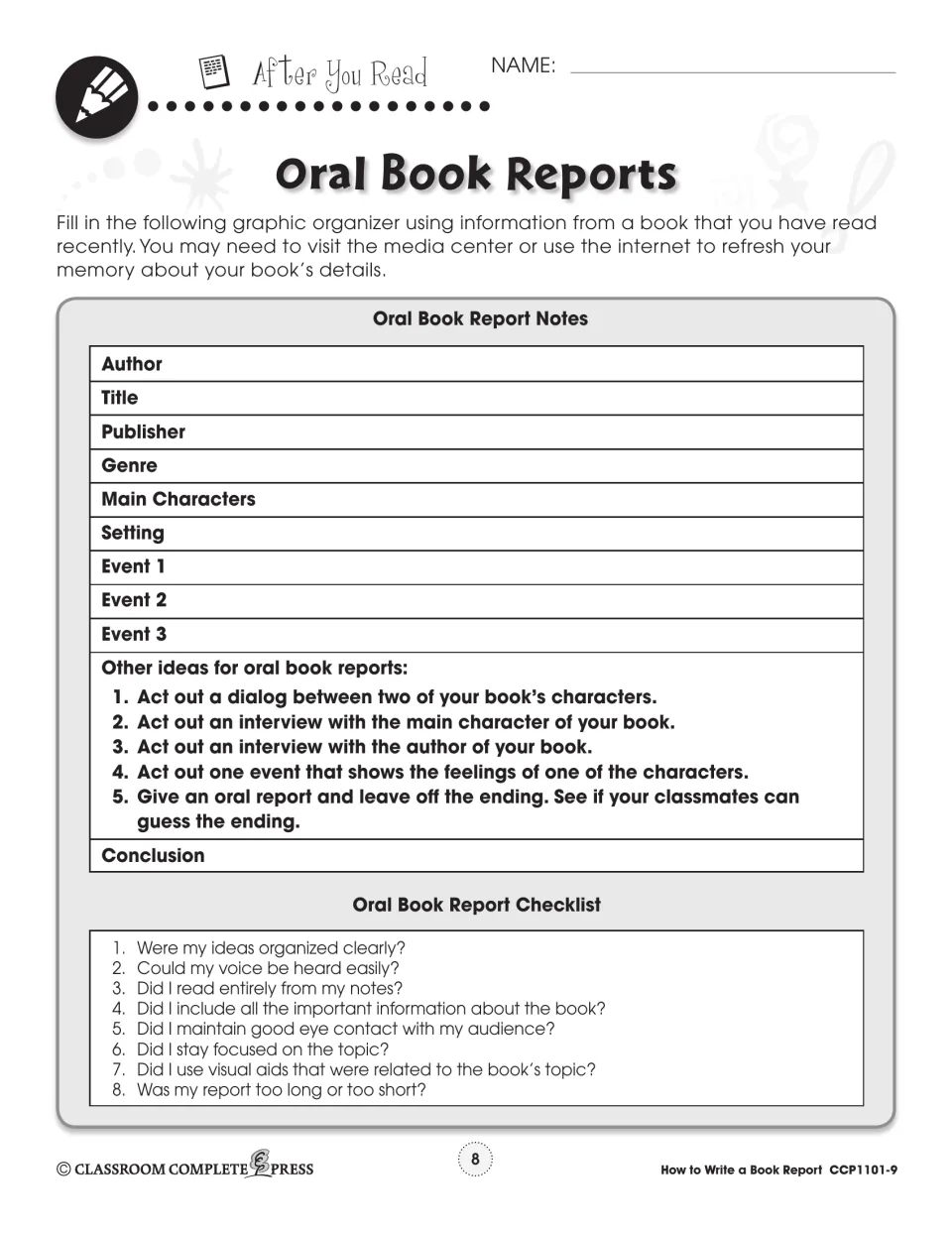 Oral book report notes organizer for author, title, genre, characters, setting and 3 events, with a self-check list