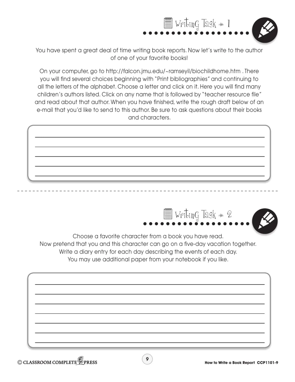 Writing tasks: students draft an e-mail to a favorite author and write five diary entries for a vacation with a character