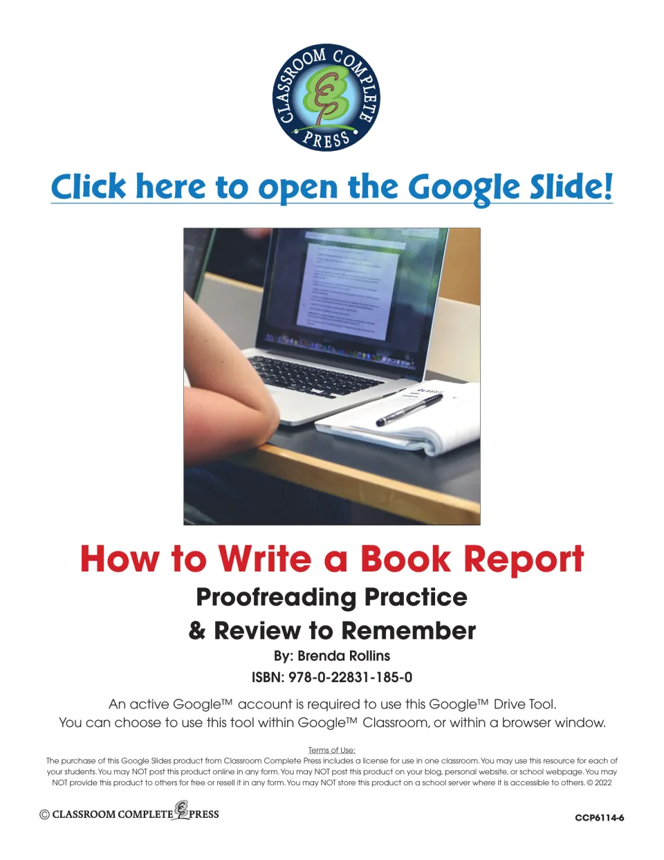 Title page for How to Write a Book Report by Brenda Rollins: link to open the Google Slide and one-classroom terms of use