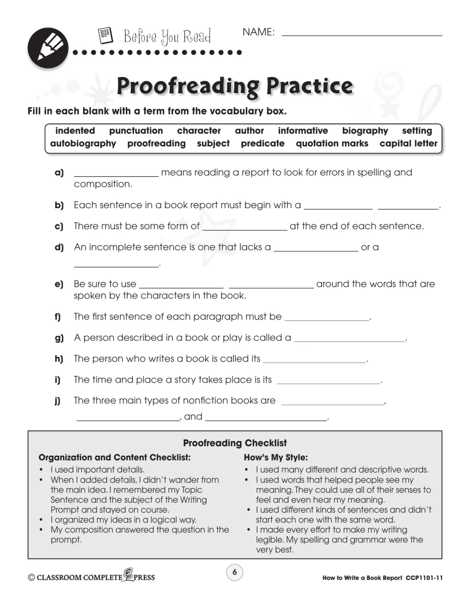 Before You Read: fill in 10 blanks with terms like capital letter and quotation marks, plus a checklist