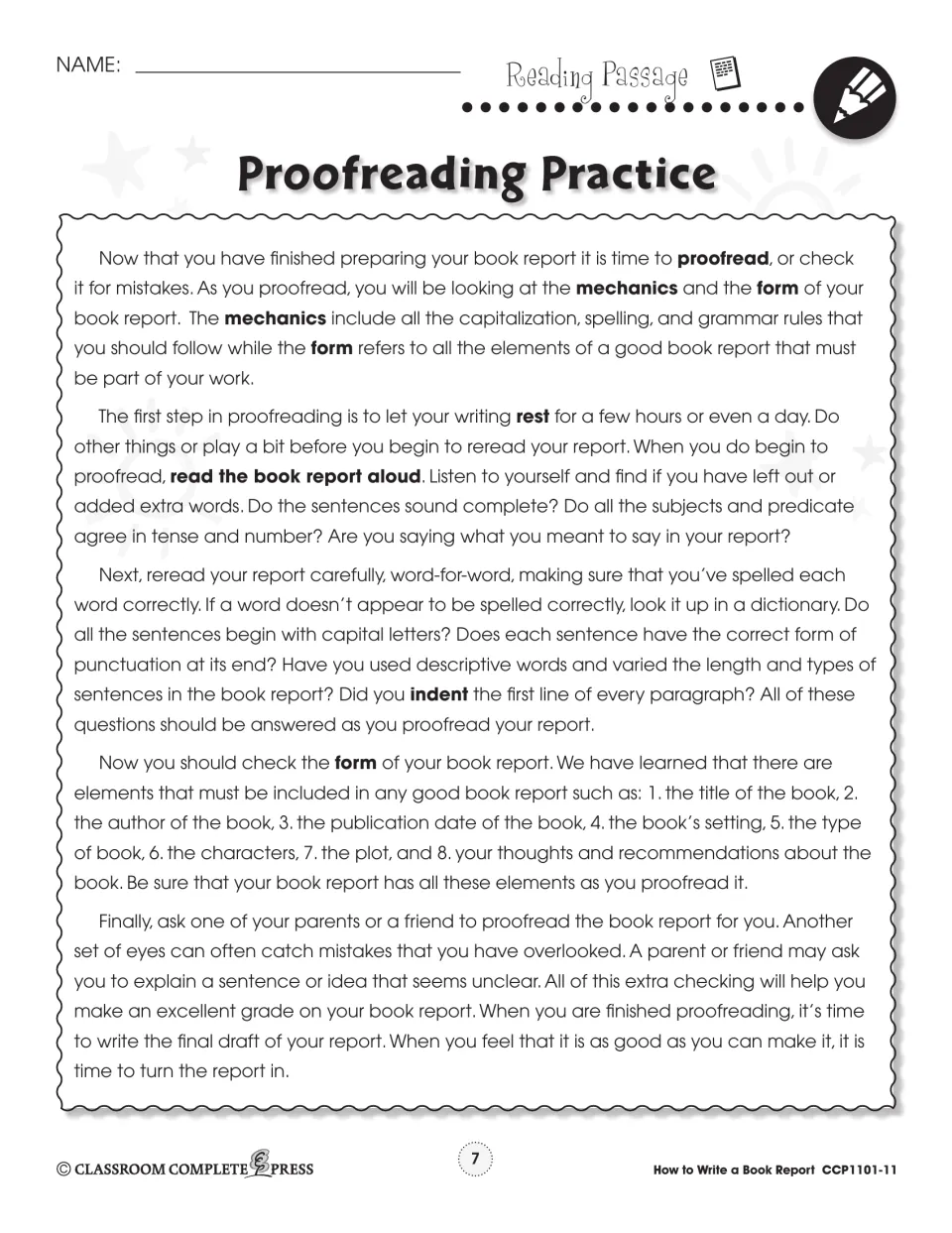 Reading passage on proofreading: let writing rest, read it aloud, check spelling, then check the report's form