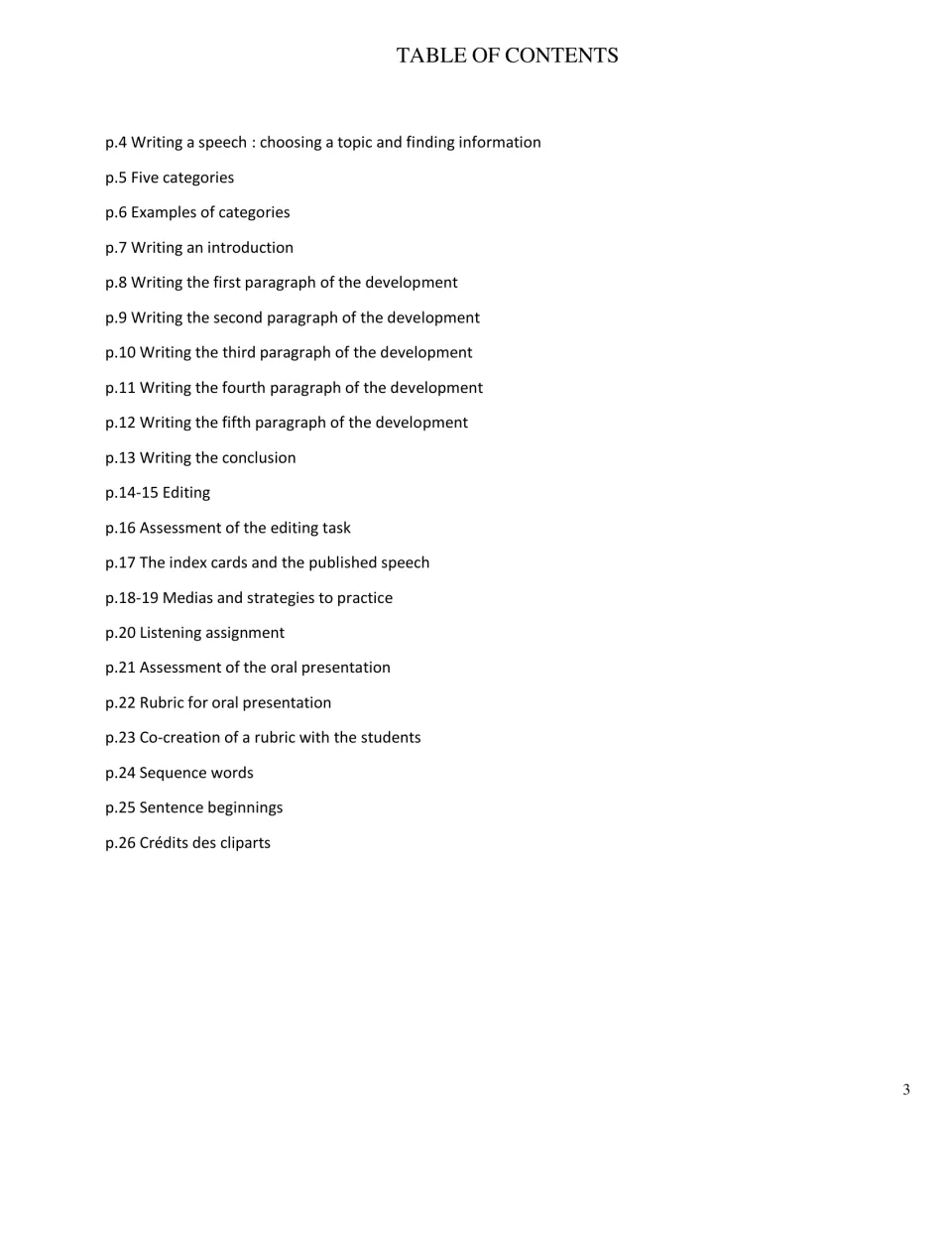 Speech packet contents list topic selection, drafting, editing, presentation practice, rubrics and word aids
