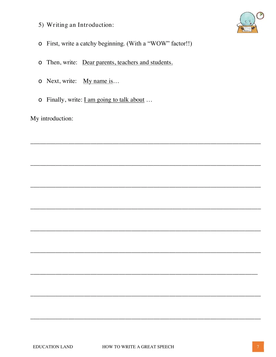 Speech introduction prompts ask for a catchy beginning, an audience greeting, the speaker's name and topic
