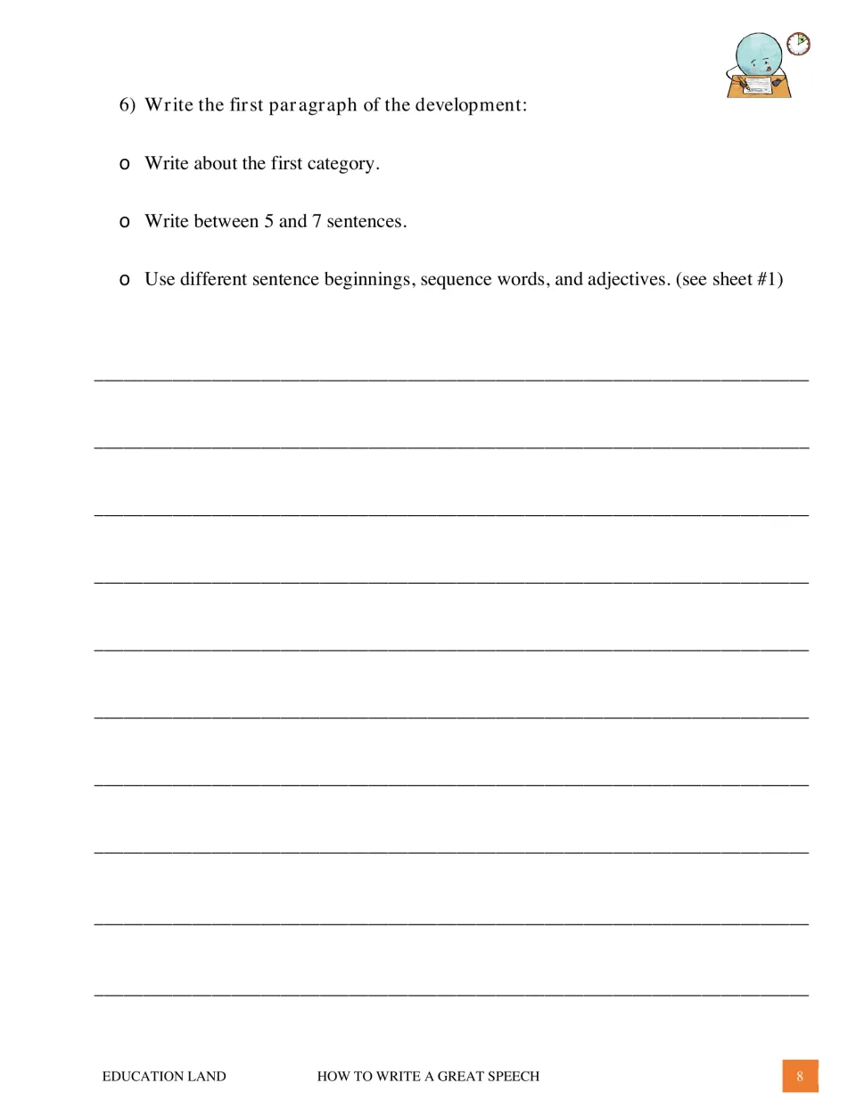 First speech body paragraph task: write 5–7 sentences using varied beginnings, sequence words and adjectives
