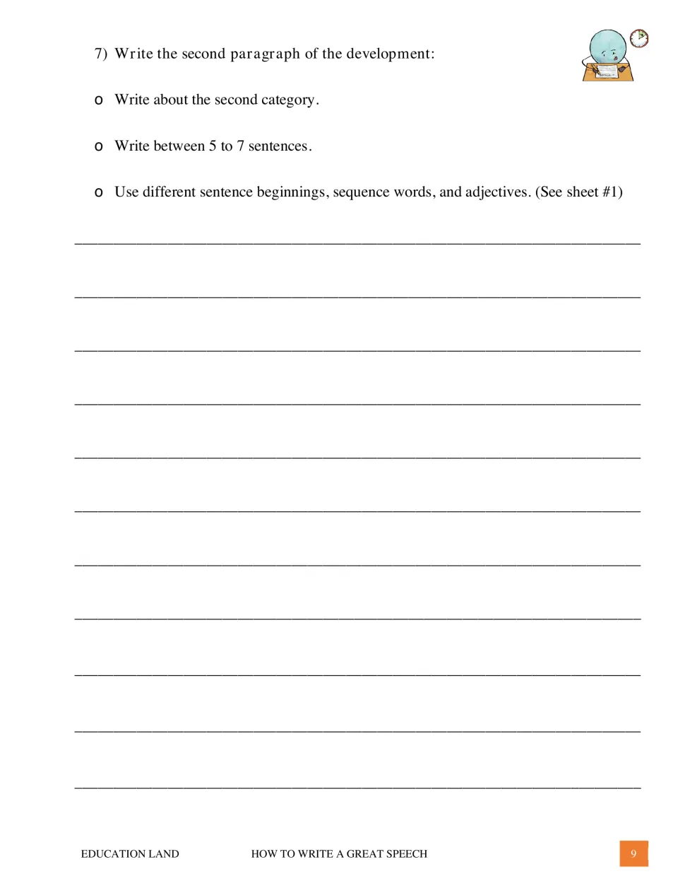 Second speech body paragraph task: write 5–7 sentences using varied beginnings, sequence words and adjectives
