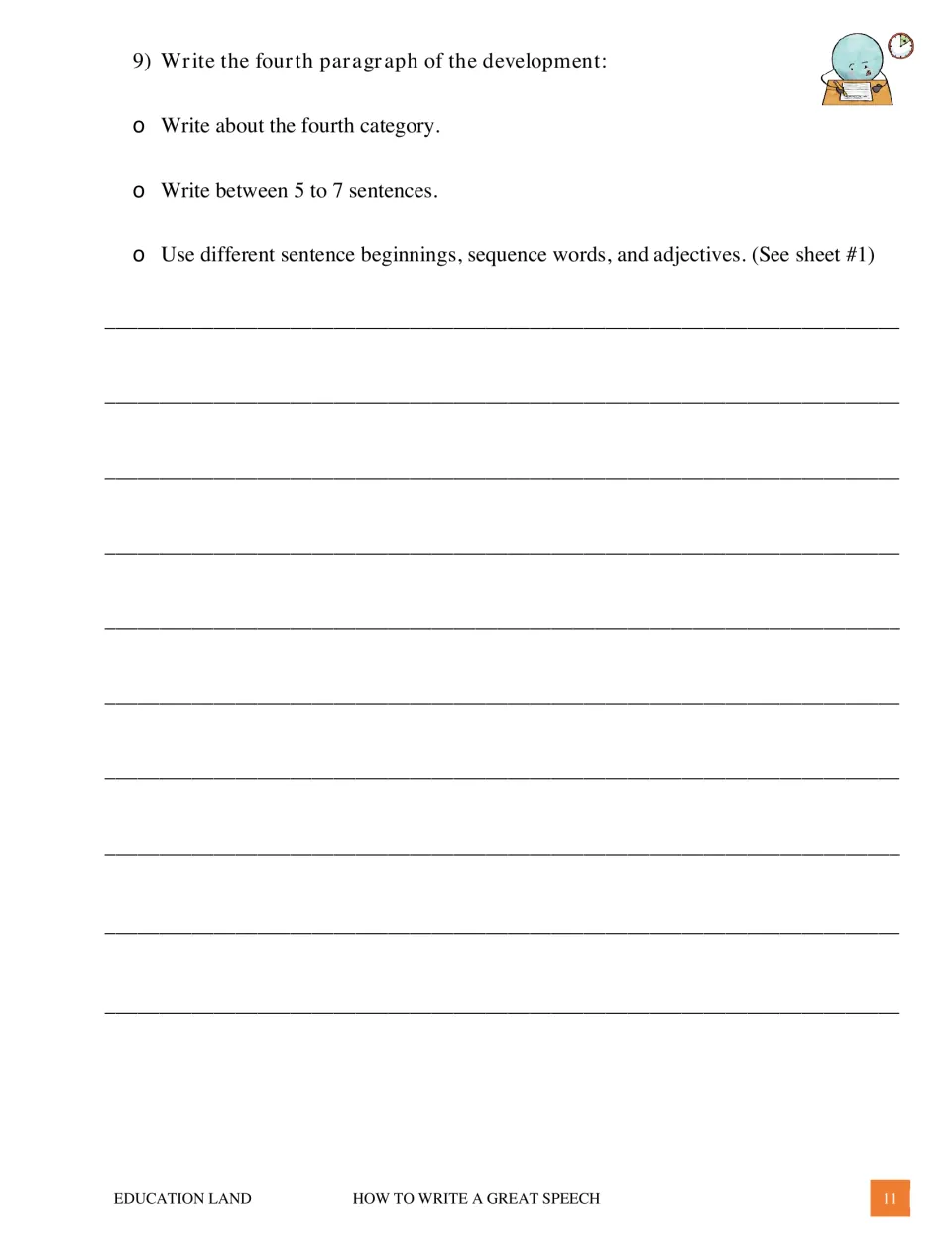 Fourth speech body paragraph task: write 5–7 sentences using varied beginnings, sequence words and adjectives