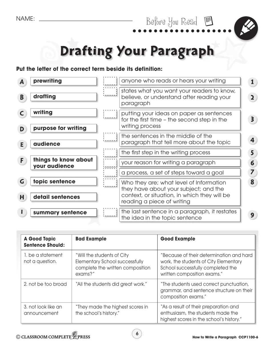 Before You Read: match 9 terms like prewriting and audience to definitions; bad and good topic sentence examples