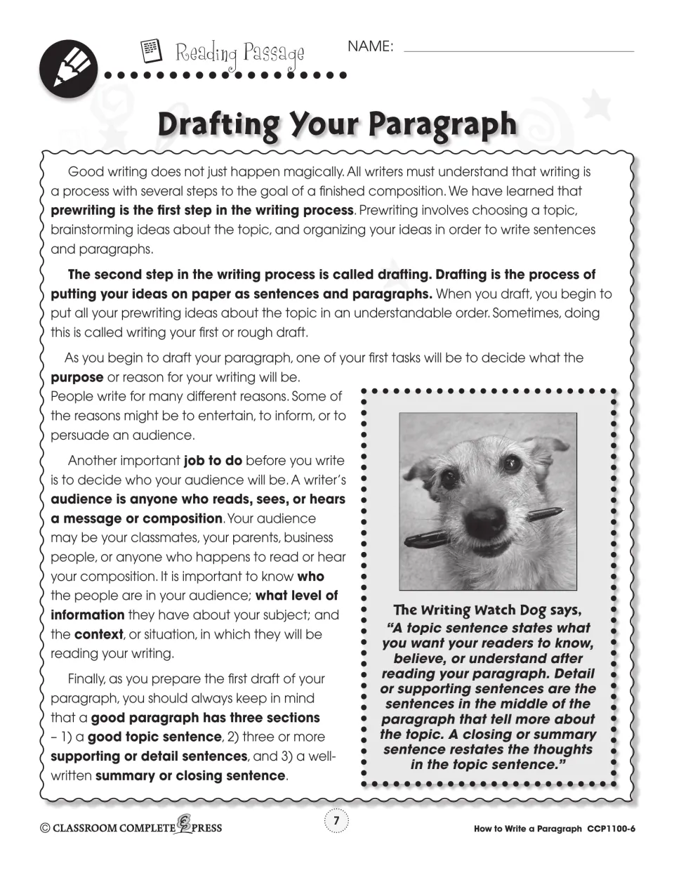 Reading passage on drafting, the second writing step: purpose, audience and the three parts of a good paragraph