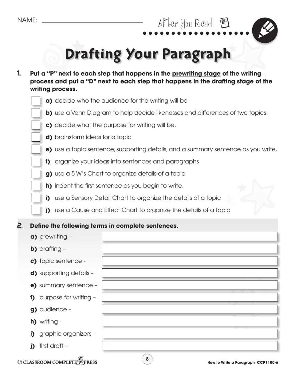 After You Read: label 10 steps P for prewriting or D for drafting, then define 10 terms such as topic sentence