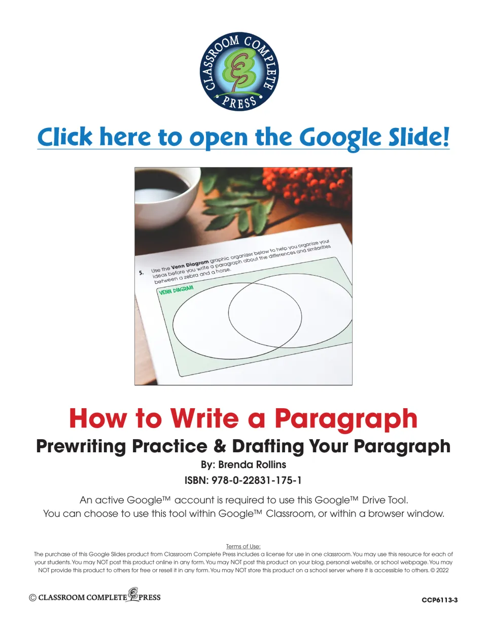 Title page by Brenda Rollins with a link to open the Google Slide, Google account note and one-classroom terms of use