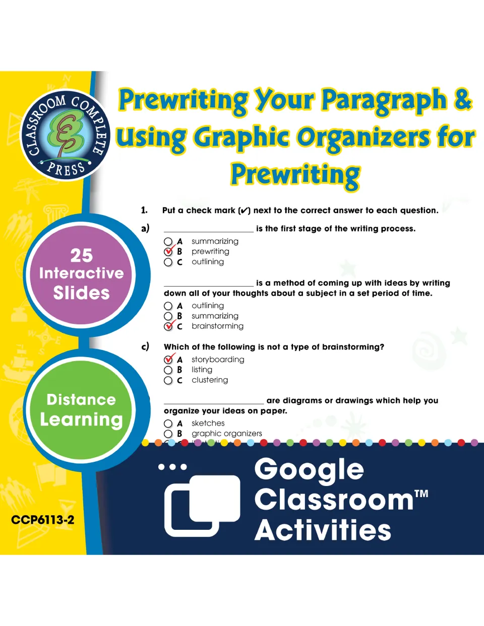 Prewriting and graphic organizers cover: 25 interactive Google Classroom slides with a sample prewriting quiz shown
