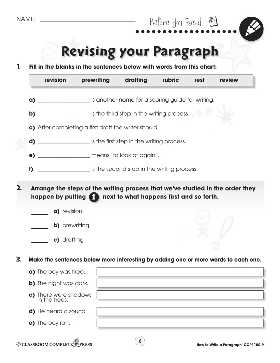 Before You Read: vocabulary fill-ins, ordering the writing steps, and expanding sentences like 'The night was dark.'