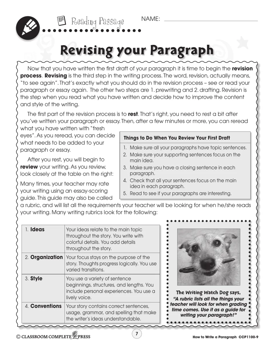 Reading passage on revision: rest, then review the draft with a 5-point checklist and the four rubric traits
