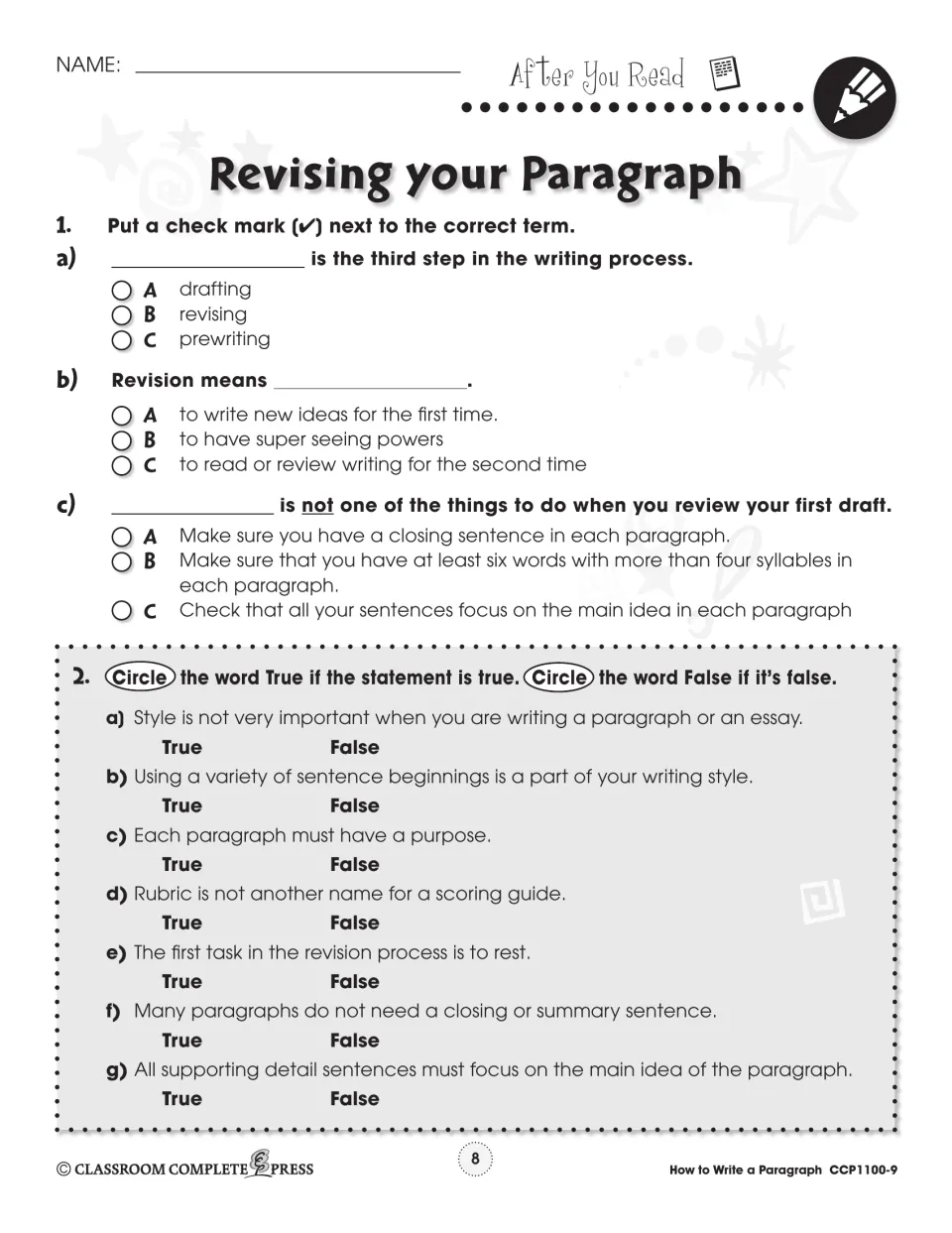 After You Read: multiple choice on the third writing step and what revision means, plus 7 true-or-false statements